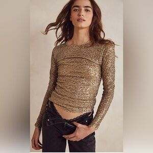 Free People Intimately *Gold Rush* Long Sleeve Sequin Top in Gold.NWOT•